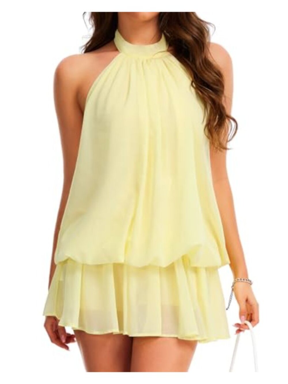 TZLDN Halter Mini Dress Chiffon Drop Waist Bubble Hem Y2K Club Party